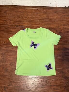 Vintage Lime Green Square Neck Purple Butterfly Applique Shirt - Size L